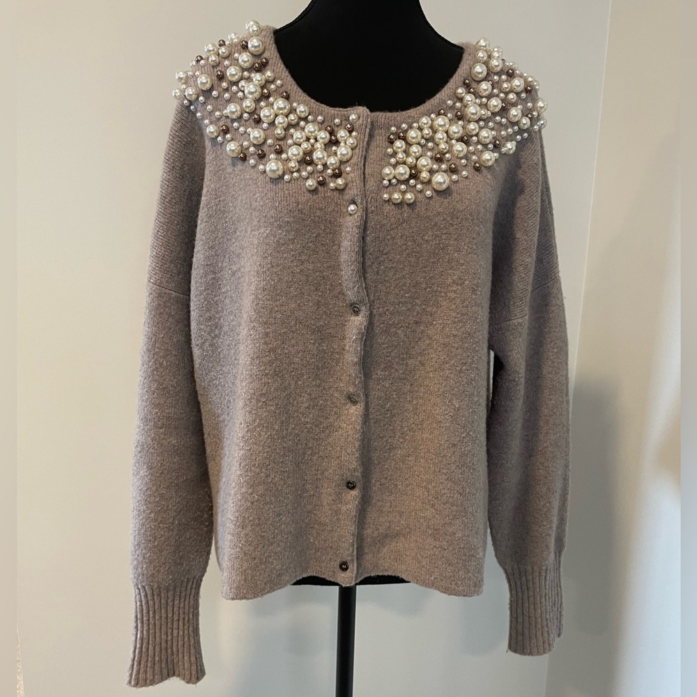 Anthropologie Moth Pearl Embellished Button Front Cardigan Wool/Alpaca Blend EUC
